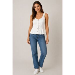 GAP Peplum Tank Top Women L Tall White Denim Button Front NWT Sleeveless Blouse